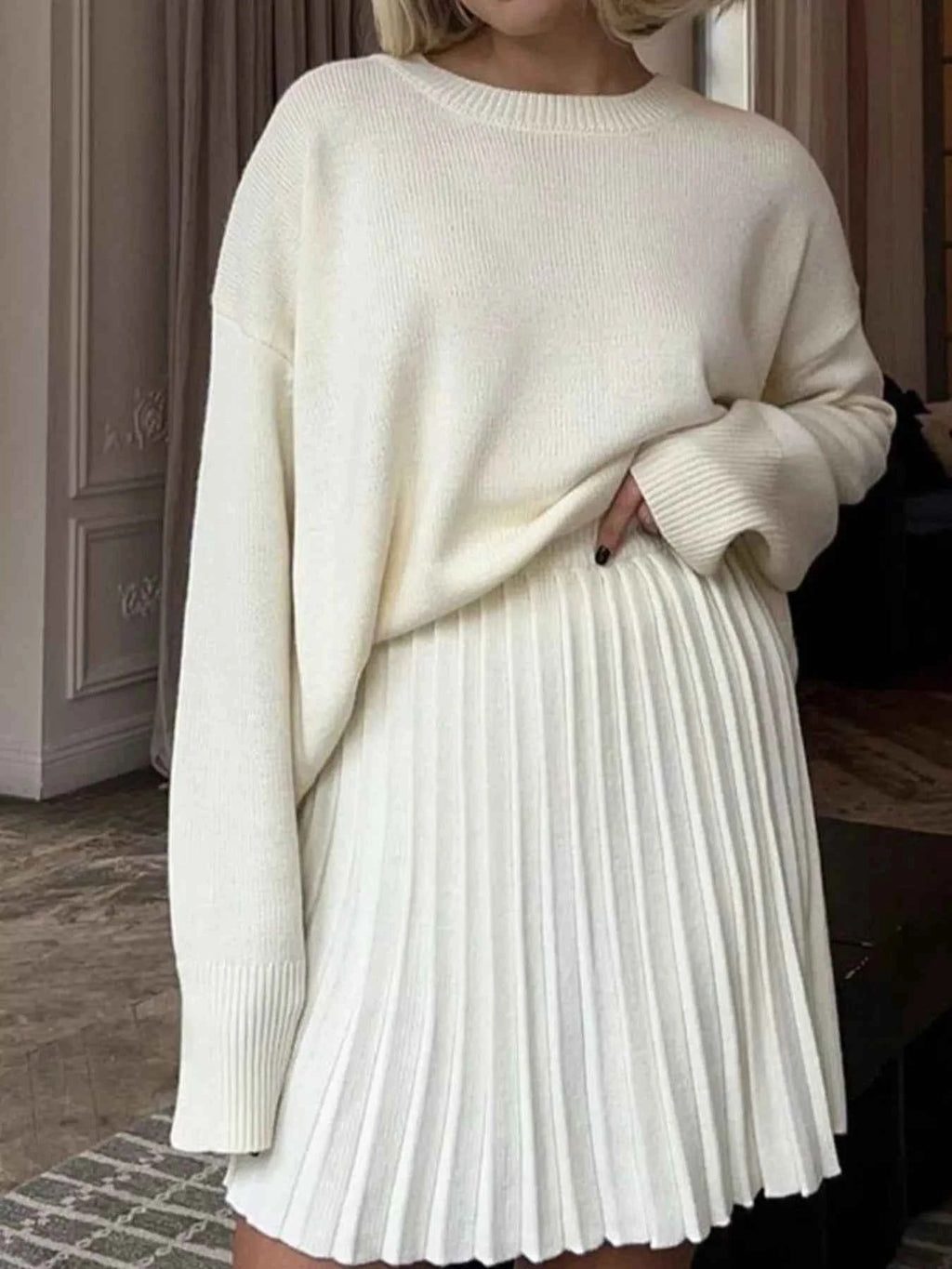 Round Neck Top and Pleated Skirt Sweater Set Ivory One Size b90b0f90-76a7-4778-ada5-5e9db8ef8f36-Max-Origin
