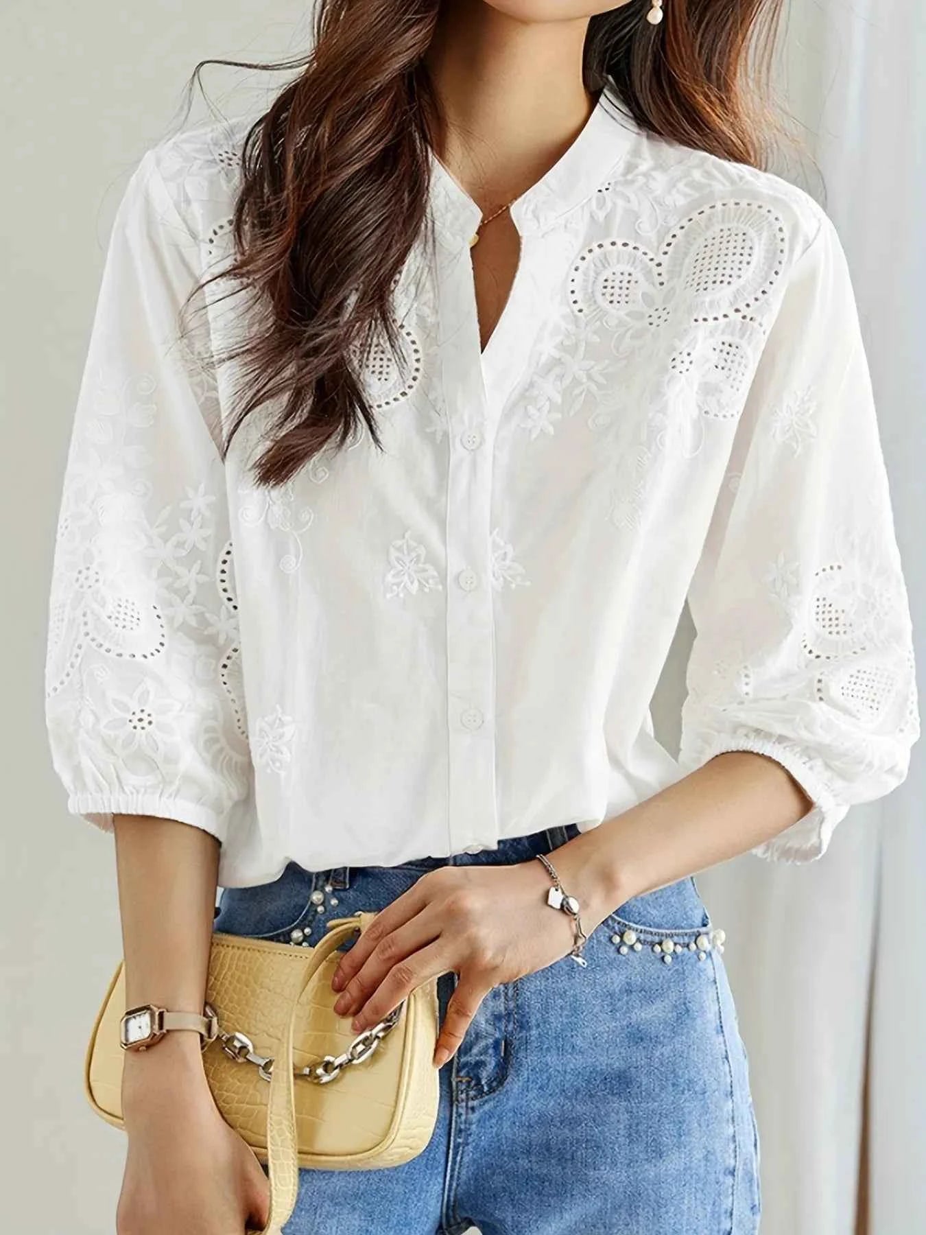 Embroidered Eyelet Button Up Shirt b9126f7fbe44496197cf33c2d43527fa-Max-Origin