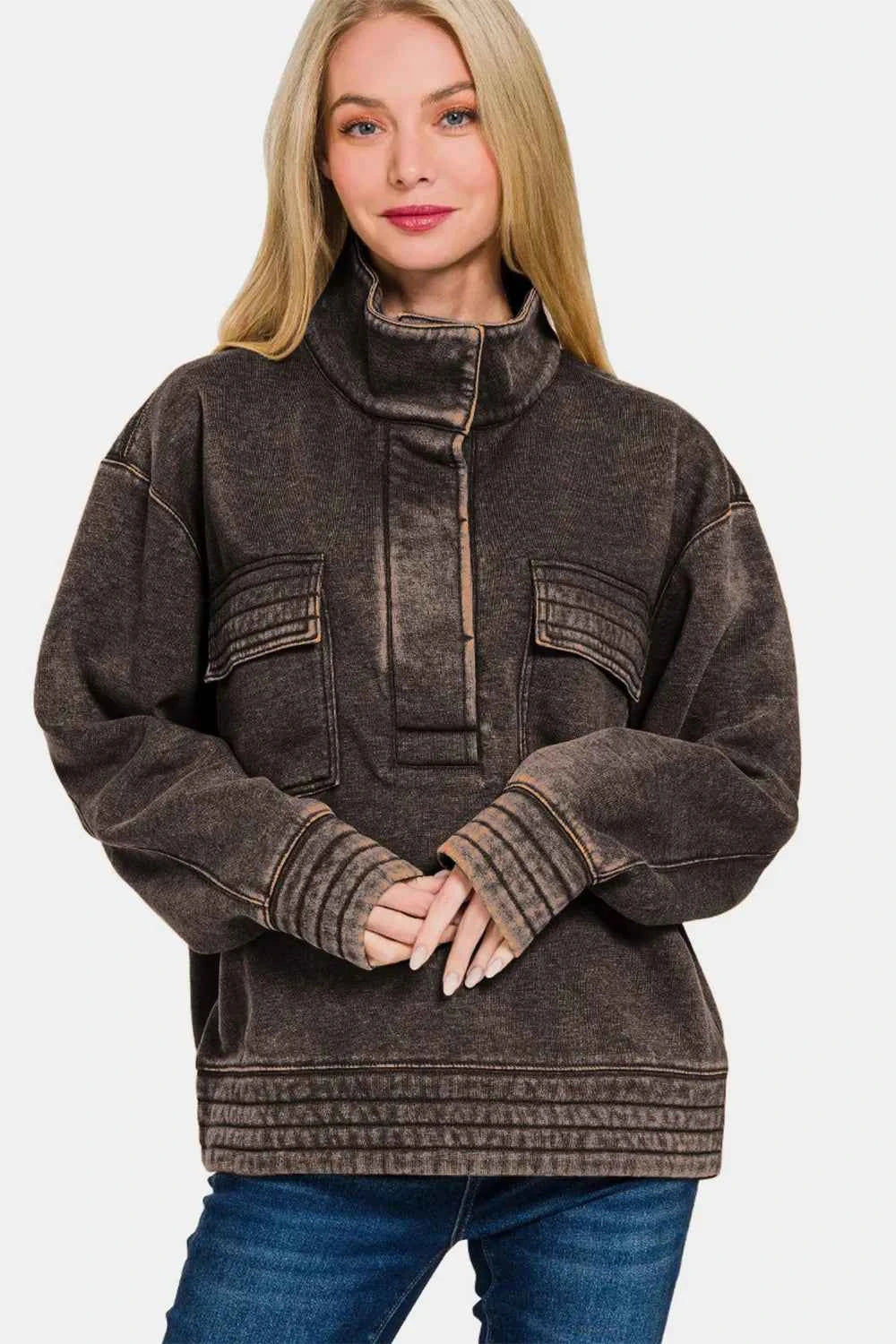 Zenana Acid Washed Half Snap Fleece Sweatshirt b913f559-c077-4967-a5c2-eca26eaff474-Max