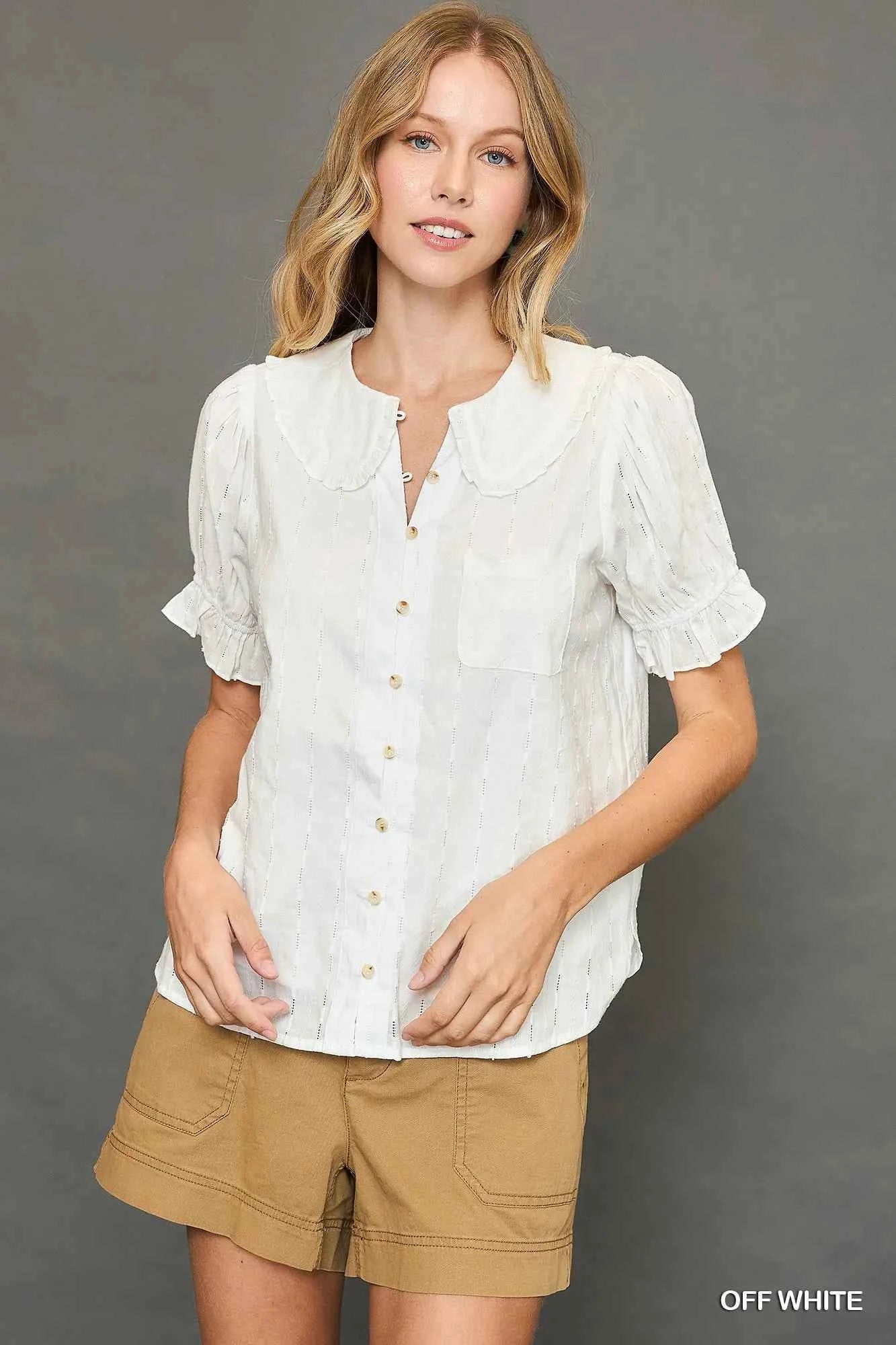 Umgee Peter Pan Collared Button Down Textured Shirt with Ruffled Detail OFF WHITE b91a3633-b7d4-49f9-b8b8-954ea9810cf7-Max-Origin