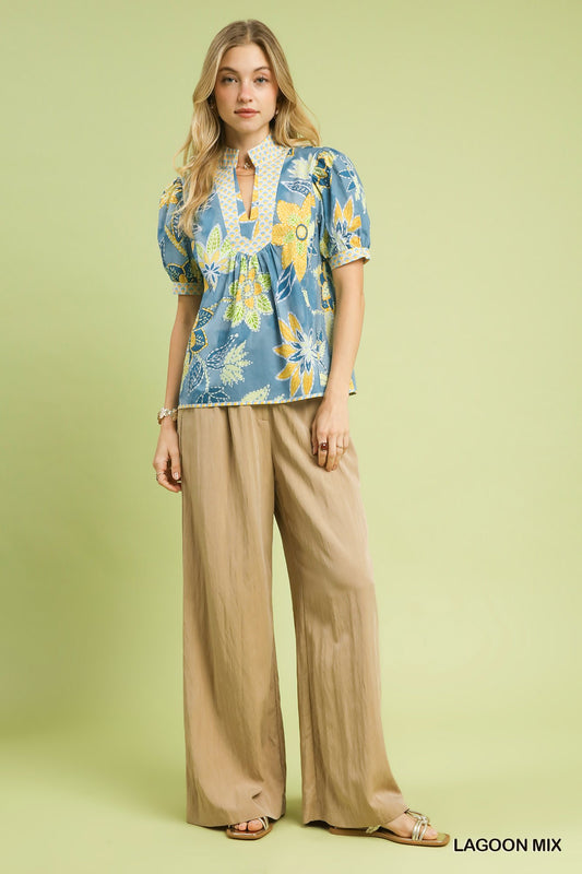 Mixed Abstract Print Puff Sleeve Blouse b91edea8-e19c-4884-addb-7782f3d829e8-Max