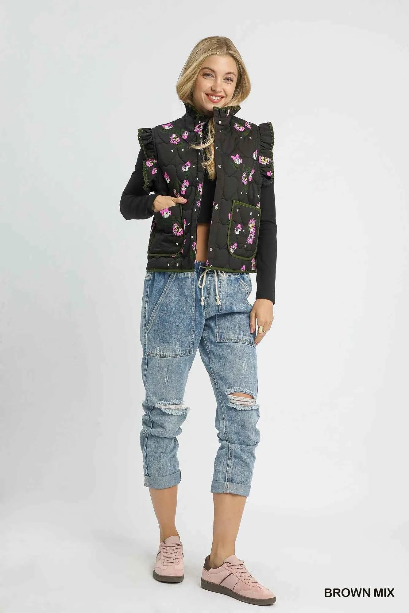 Umgee Ruffled Quilted Floral Snap Down Vest b9220570-35fa-40cb-afc9-103a6b03b2cd-Max-Origin
