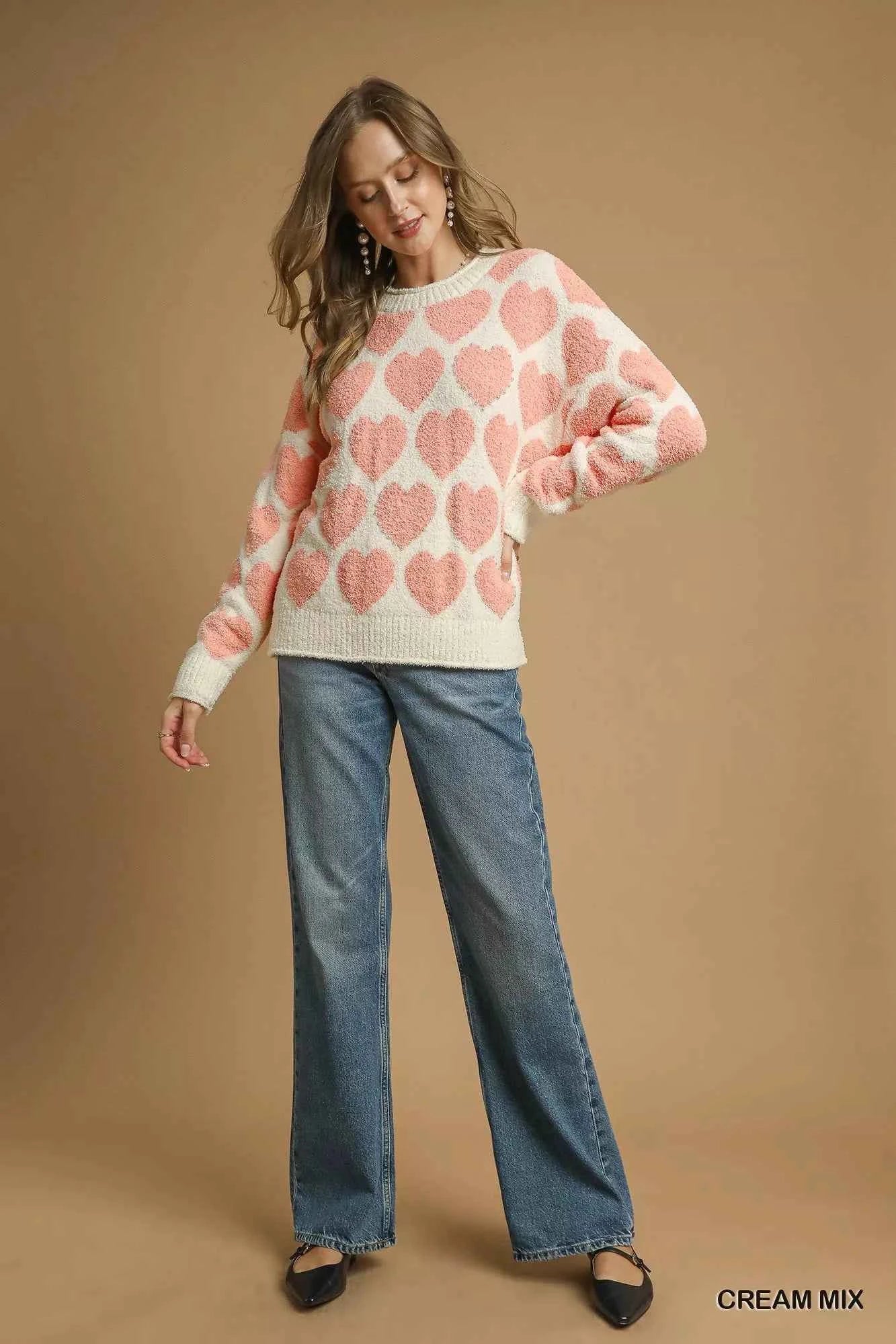 Umgee Mix Heart Pattern Pearl Accent Sweater b9222831-bc2d-4b53-9715-4c7377a0b91c-Max-Origin