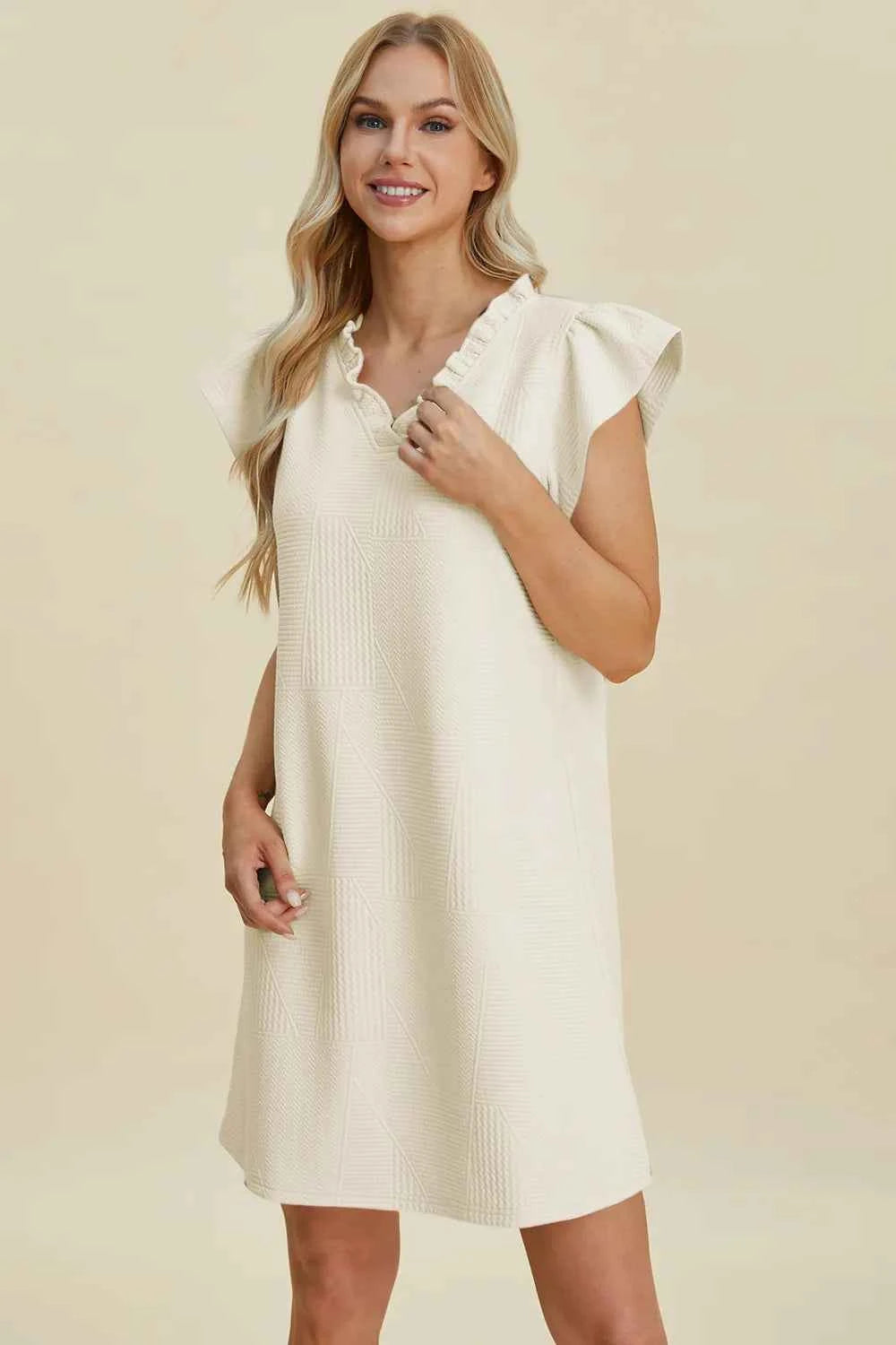 Double Take Full Size Ruffled V-Neck Cap Sleeve Dress Cream b9247fc8-d791-4d94-a9c5-dbf669bbbd30-Max