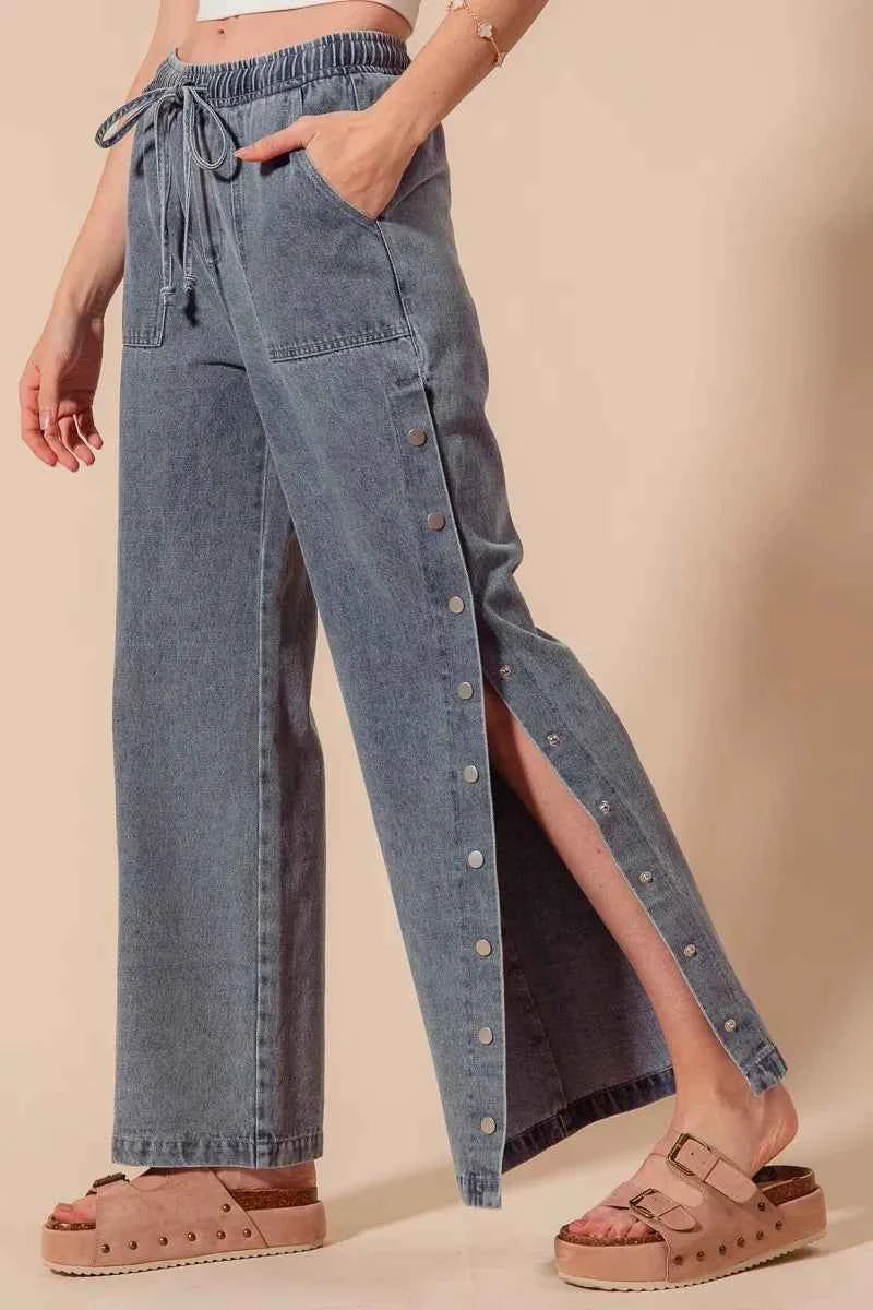 SO ME Mid Rise Drawstring Jeans with Side Snap Button b9295e999c324be3b61b607c668e66ca-Max-Origin