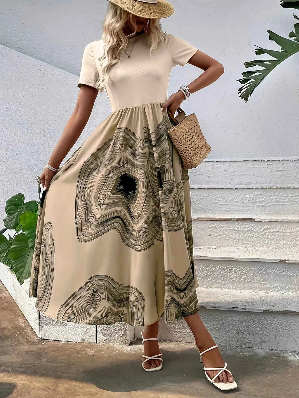 Printed Round Neck Short Sleeve Dress b92c5c8fde2046afbae3ad1f895d72e1-Max-Origin