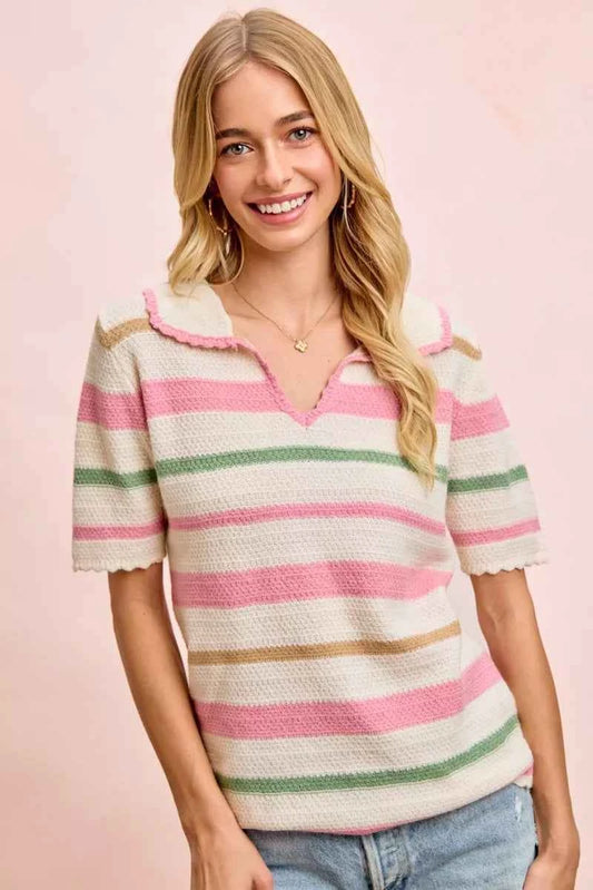 BiBi Multi Colors Stripes Collared Knit Top CREAM PINK b9323cc5da1f428d89a18ed3540edc0f-Max-Origin