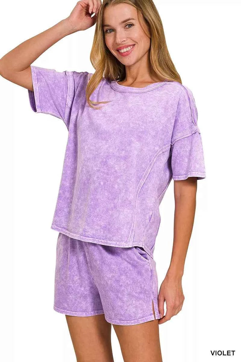 Zenana Halo Snow Washed Short Sleeve Tee and Shorts Set b937b79146294b2a83e11a6260440295-Max-Origin