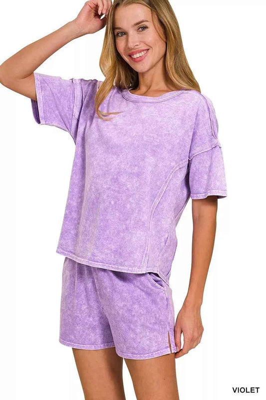 Zenana Halo Snow Washed Short Sleeve Tee and Shorts Set b937b79146294b2a83e11a6260440295-Max-Origin