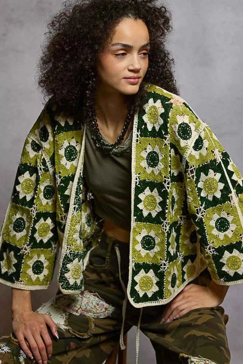 POL Open Front Cardigan with Varied Patterns OLIVE MULTI One Size b9382b74-4ff7-4516-828f-6ab174f8537e-Max-Origin