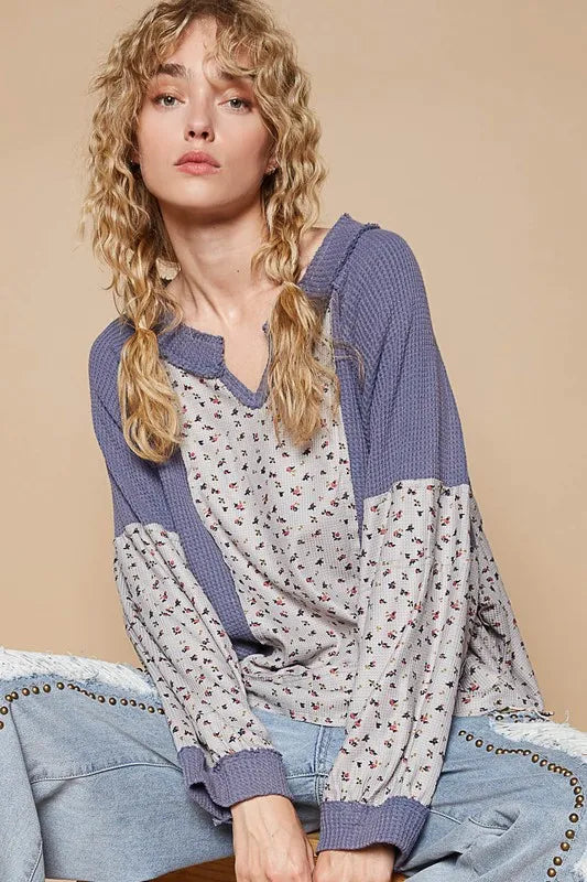 Waffle Knit Floral Notched Long Sleeve Top b9393c57-11f0-4f08-8201-4af97c7bce8f-Max
