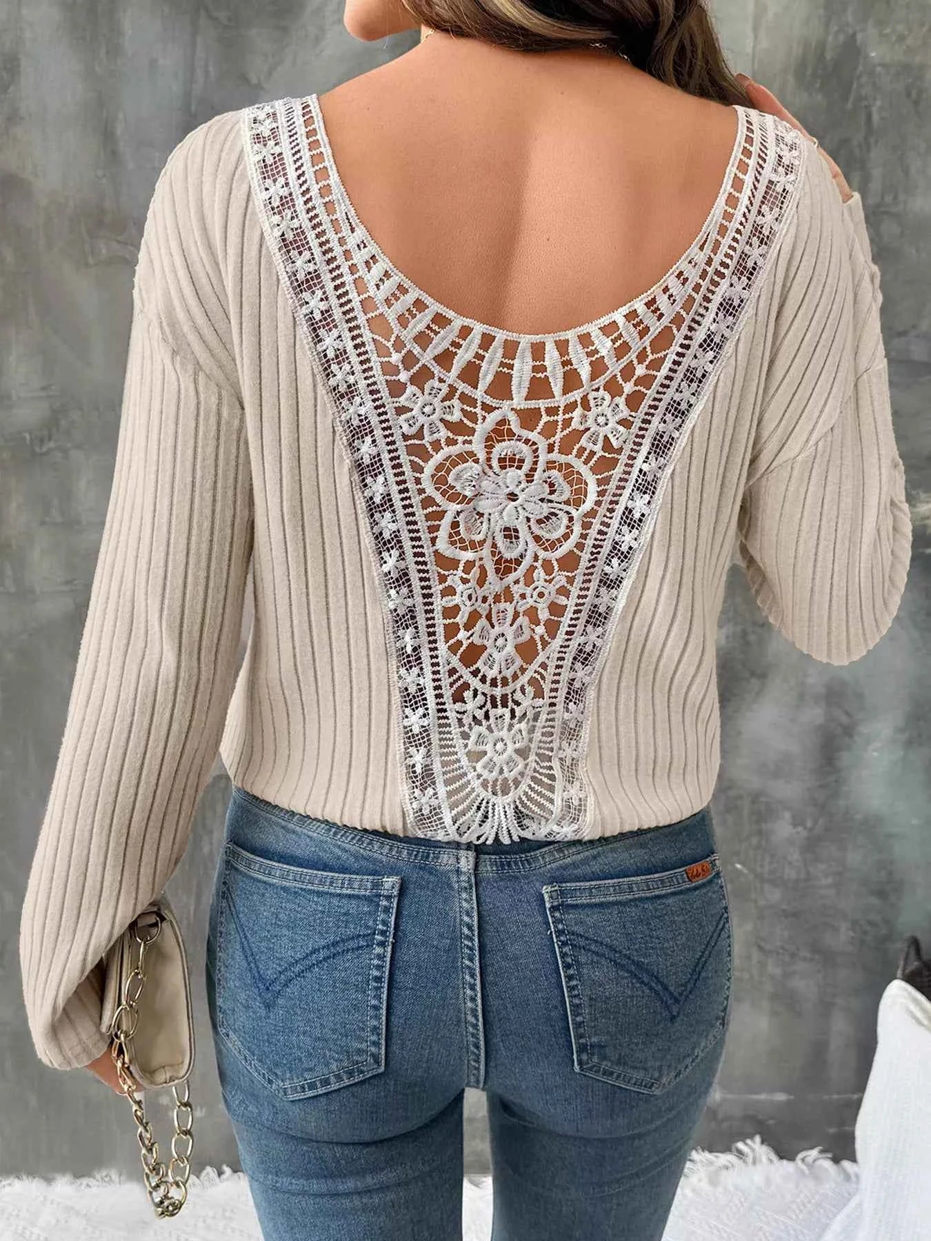 Lace Detail Ribbed Knit Long Sleeve T-Shirt