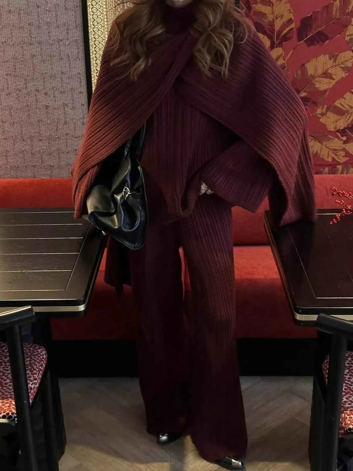 3-Piece Crew Neck Ribbed Sweater and Wide-Leg Pants Set with Scarf Burgundy One Size b93c410a-62fb-4a3d-af88-ce7882c7a06d-Max-Origin