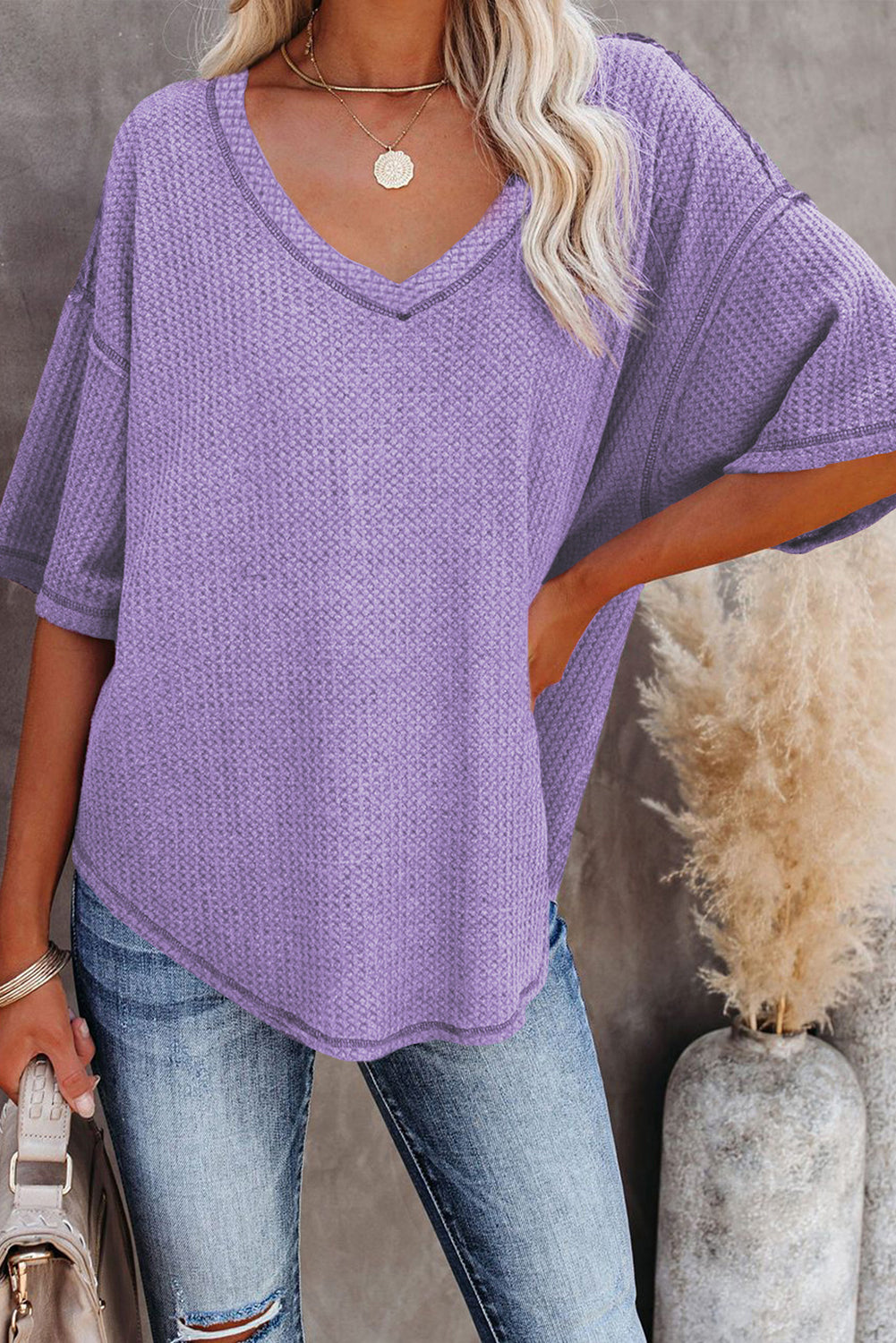Blue Exposed Seam Drop Sleeve V Neck Waffle Textured Top b93ef47938b1ac3f