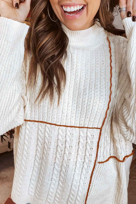 White Mix Texture Patchwork Contrast Stitch Mock Neck Sweater b93f7bb24892e316