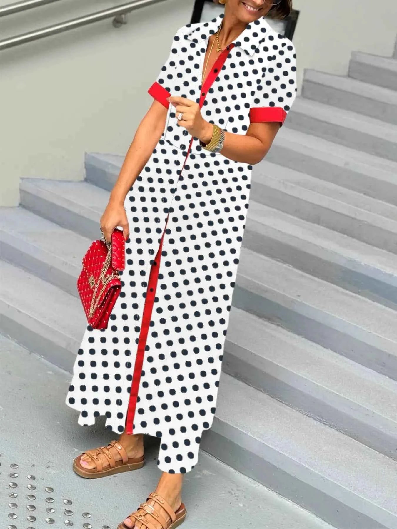 Polka Dot Short Sleeve Maxi Shirt Dress b9487fdb-c908-4230-94d9-c15aeea2e677-Max-Origin