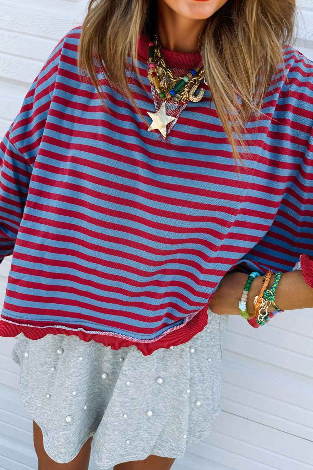 Red Stripe Exposed Seam Contrast Ribbed Trim Oversize Sweatshirt b948ac8aafdb1a6d