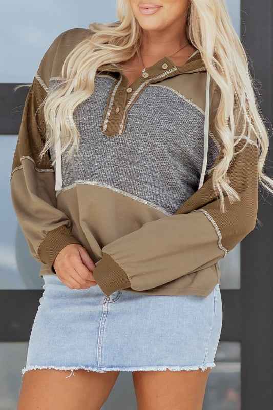 Waffle Knit Patchwork Buttoned Hooded Sweatshirt b948b38a-e7b0-4c69-998b-558835017914