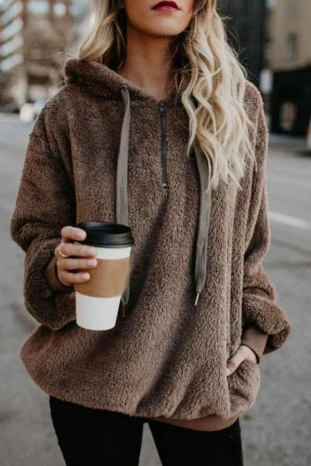 Full Size Quarter-Zip Drawstring Teddy Hoodie Brown b94be8aa-bcb8-42ac-a131-ac08b8187a69-Max