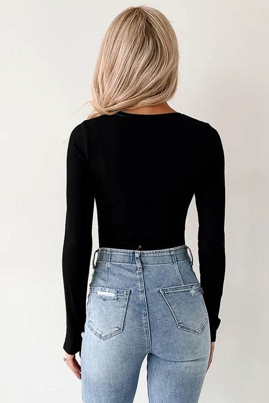 Black Ribbed Long Sleeve Crew Neck Solid Color Bodysuit b94d391294c86028
