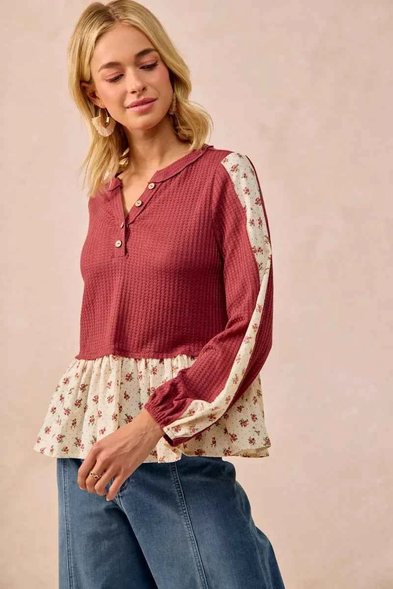 BiBi Waffle with Floral Woven Combo Top b950a8e29d1b4d90b9cdc8cabe2e5995-Max-Origin