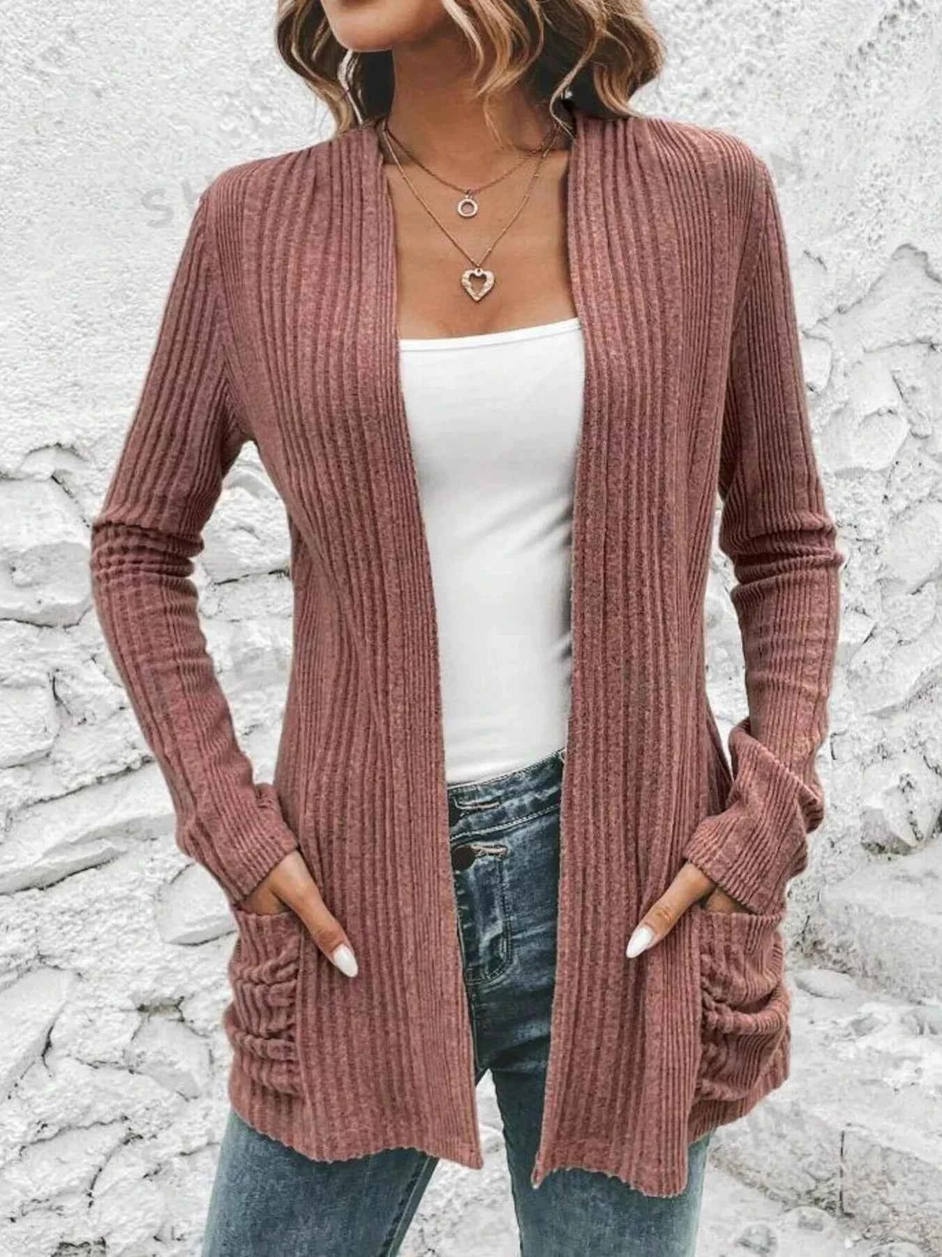 Ribbed Open Front Long Cardigan with Pockets b951ce5407294c80998b5553edb74813-Max-Origin