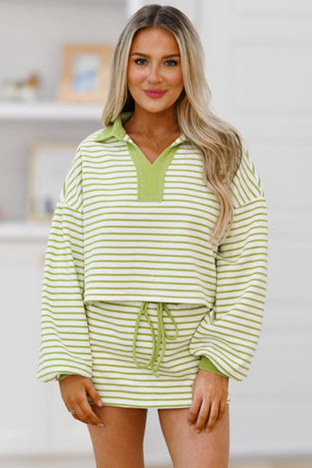 Green Striped Collared V Neck Drop Shoulder Pullover and Skirt Set b9541600f06630ed