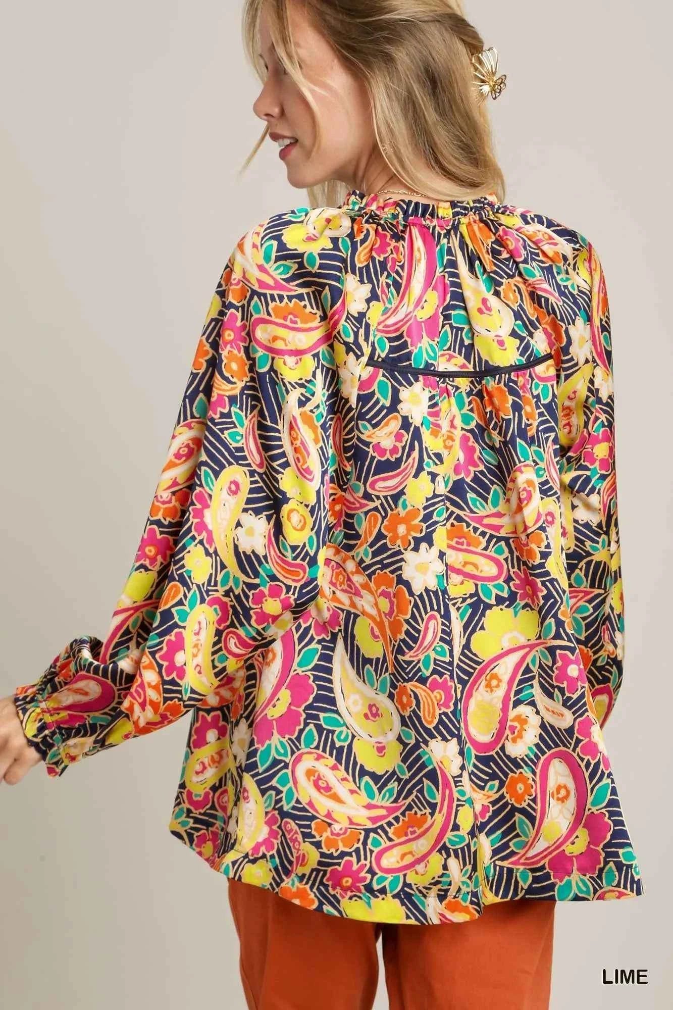 Umgee Full Size Satin Paisley Ruffle Neck Button-Up Shirt Plus Size b955d37d-a805-4cad-89fc-aba2ed424d12-Max-Origin