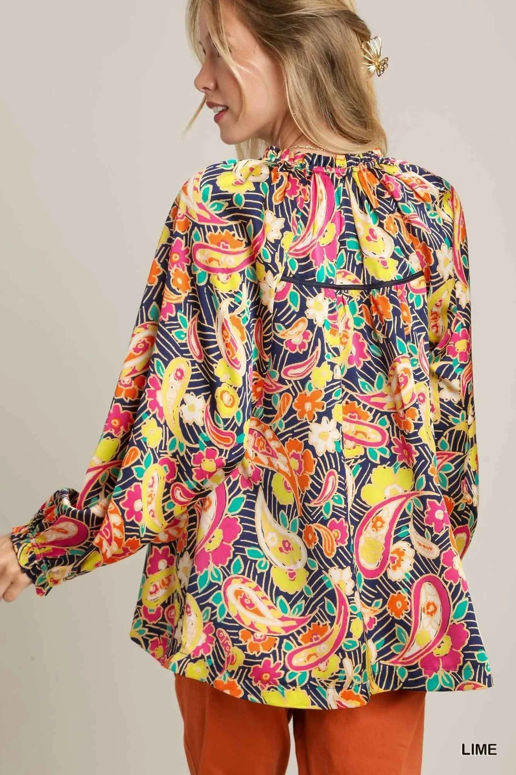 Umgee Full Size Satin Paisley Ruffle Neck Button-Up Shirt Plus Size b955d37d-a805-4cad-89fc-aba2ed424d12-Max-Origin_c9673d60-2360-412e-8f8c-847b2187fa9f