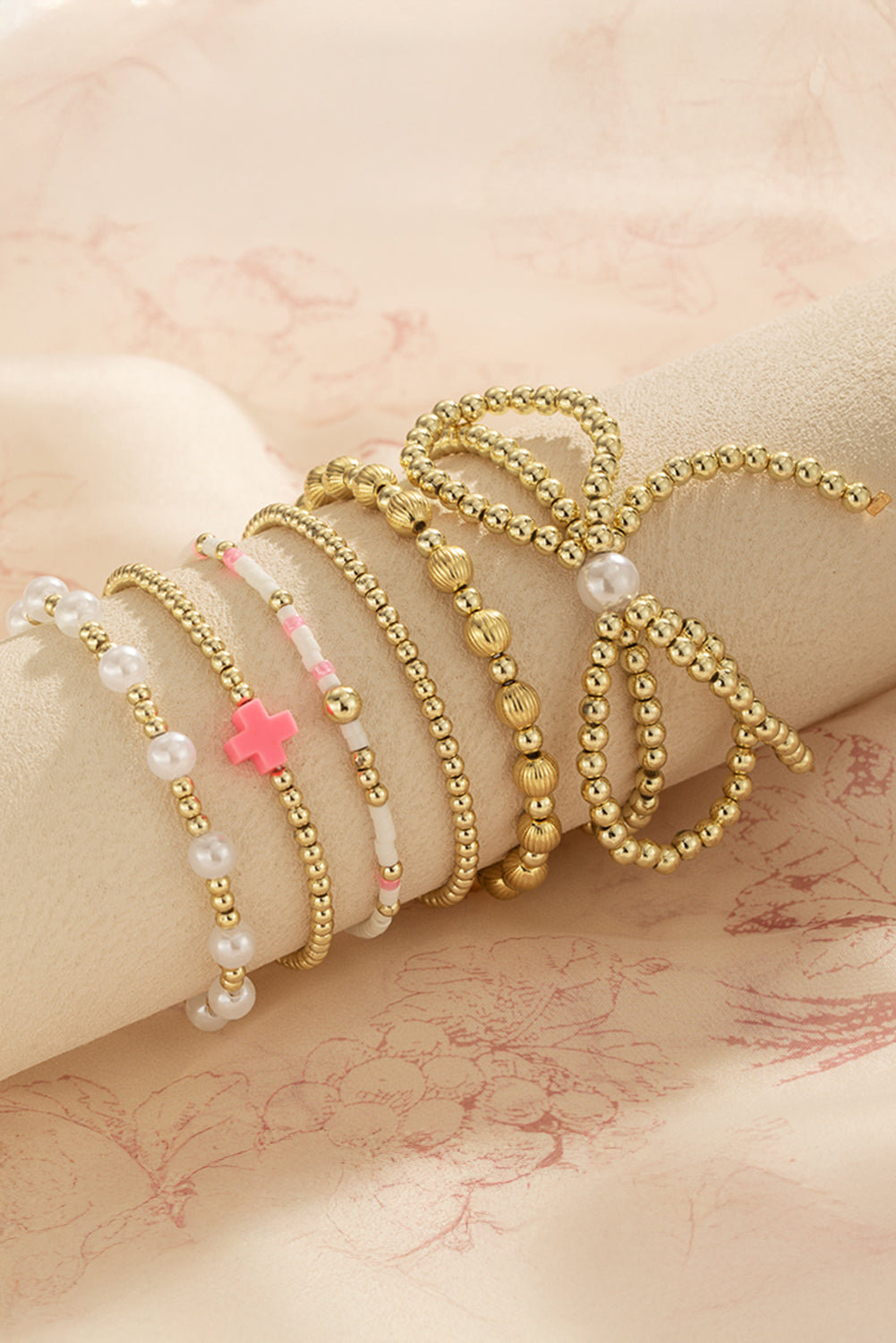 Gold Bow Pearl Cross Beaded Bracelet Set Gold ONE SIZE b9563f0f0ebba934