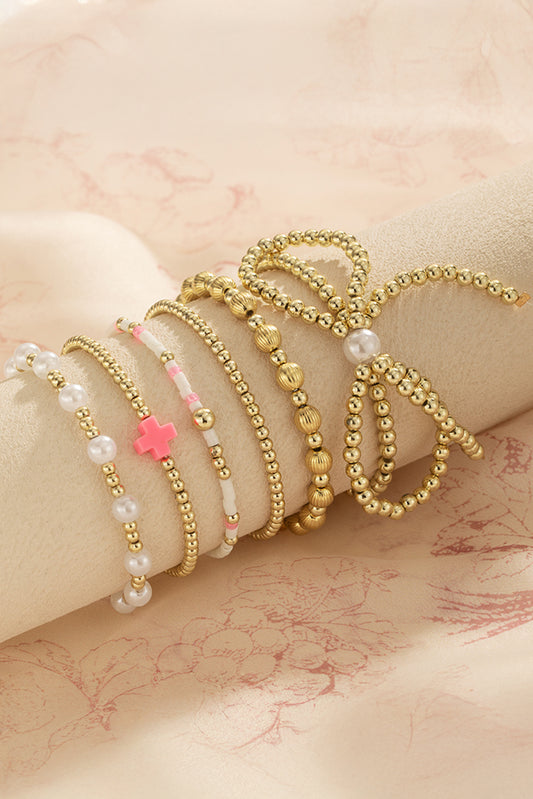 Gold Bow Pearl Cross Beaded Bracelet Set Gold ONE SIZE b9563f0f0ebba934