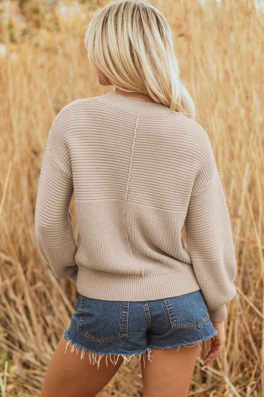 Ribbed Patchwork Textured Knit Puff Sleeve Sweater b95d7d8a-3ea5-4c63-957d-182a1364f204