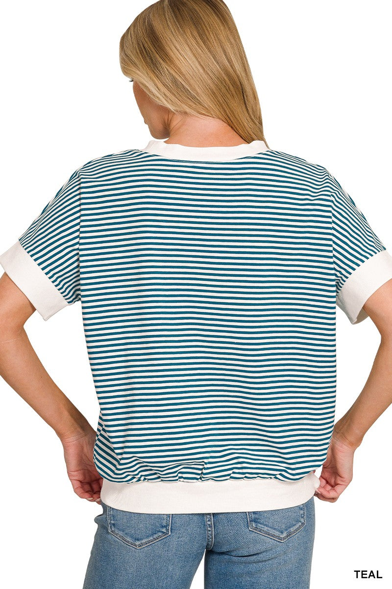Zenana Stripe Contrast Trim Banded Bottom Top b9625809d21d4b96b22dd4c010cc5978-Max