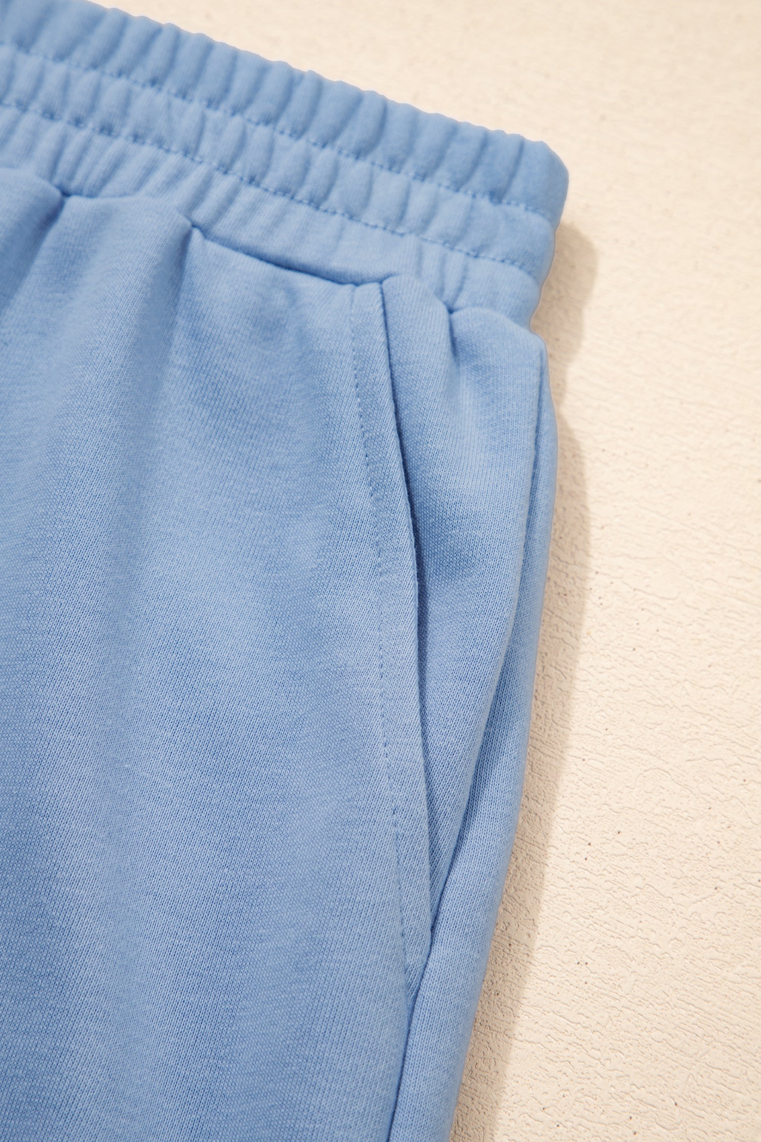 Sky Blue Solid Color Contrast Textured Patchwork Raw Edge 2pcs Short Set b96346f994e14ee5