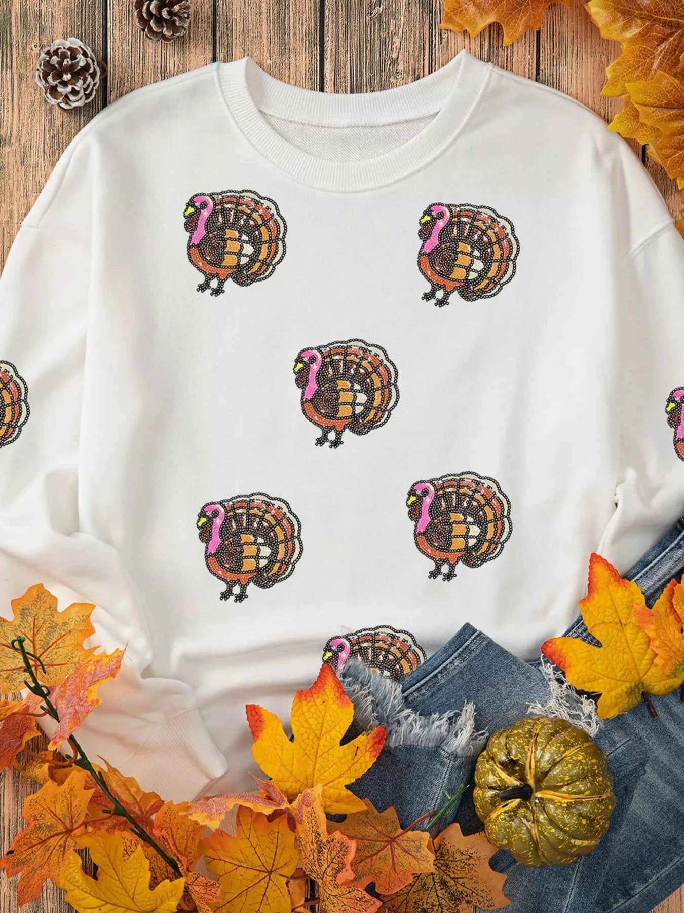 Thanksgiving Turkey Sequin Patched Sweatshirt b9644dc57c904c5cbcba739cbb395ede-Max-Origin