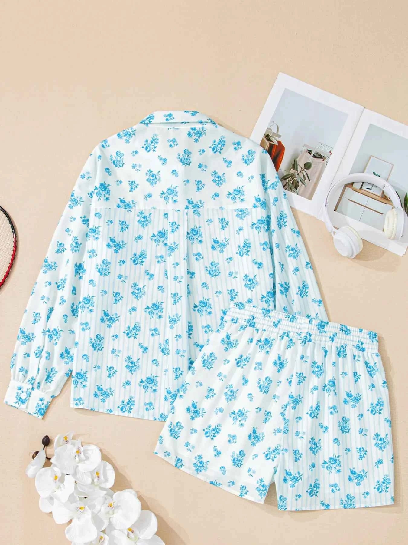 Floral Print Contrast Patched Pocket Shirt and Shorts Set b969463a5a3540a7a0fa8c360c1dcea6-Max-Origin