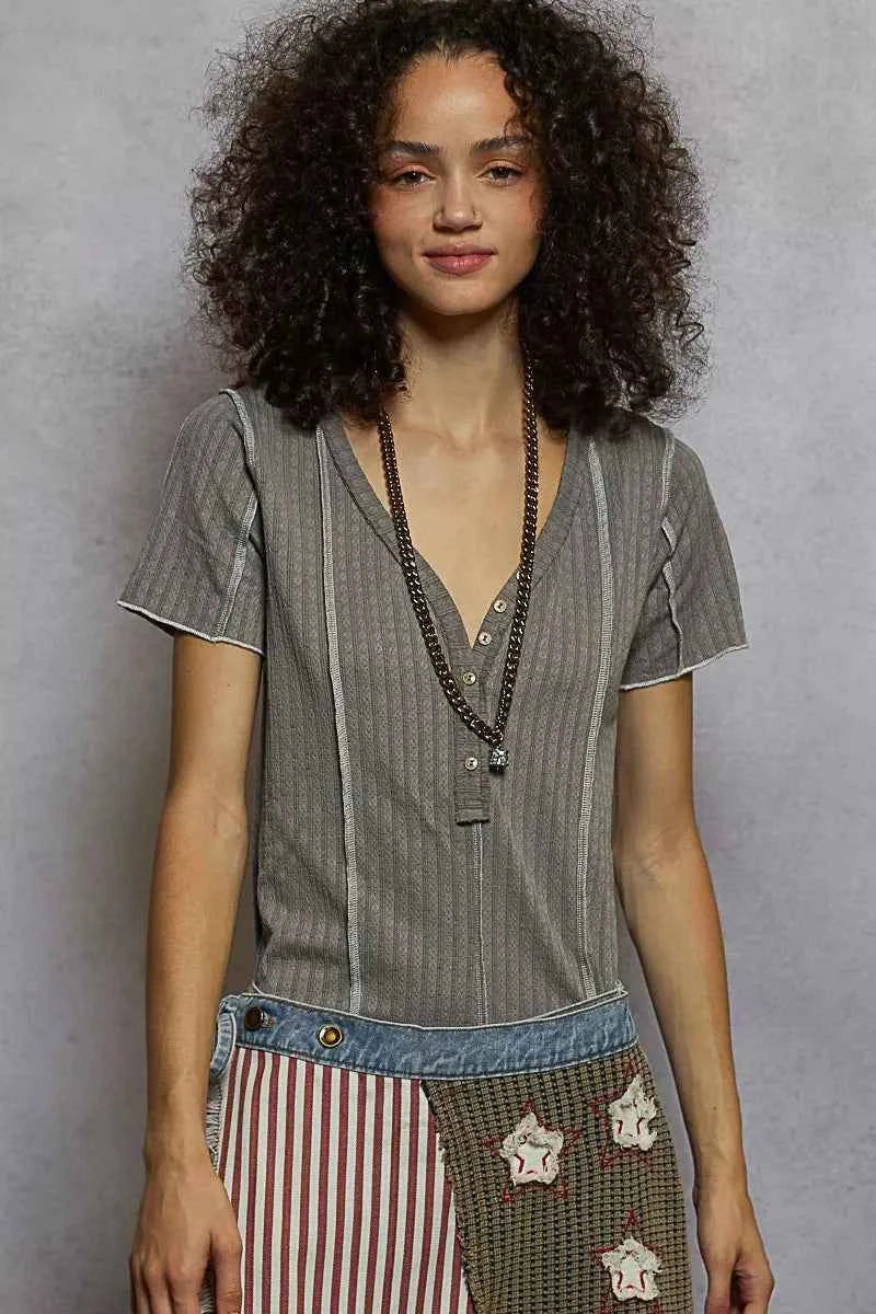 V-Neck Short Sleeve Top with Stitch Seam Detail GREY b96de9bb-8757-469a-93c9-b5a99646802b-Max-Origin