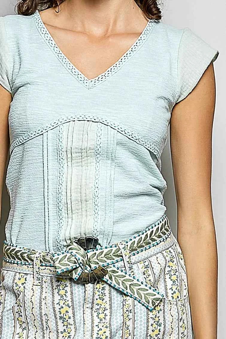 POL V-Neck Lightweight Textured Short Sleeve Knit Top with Lace Trim b9702575-d566-485f-880c-044f534385a5-Max-Origin