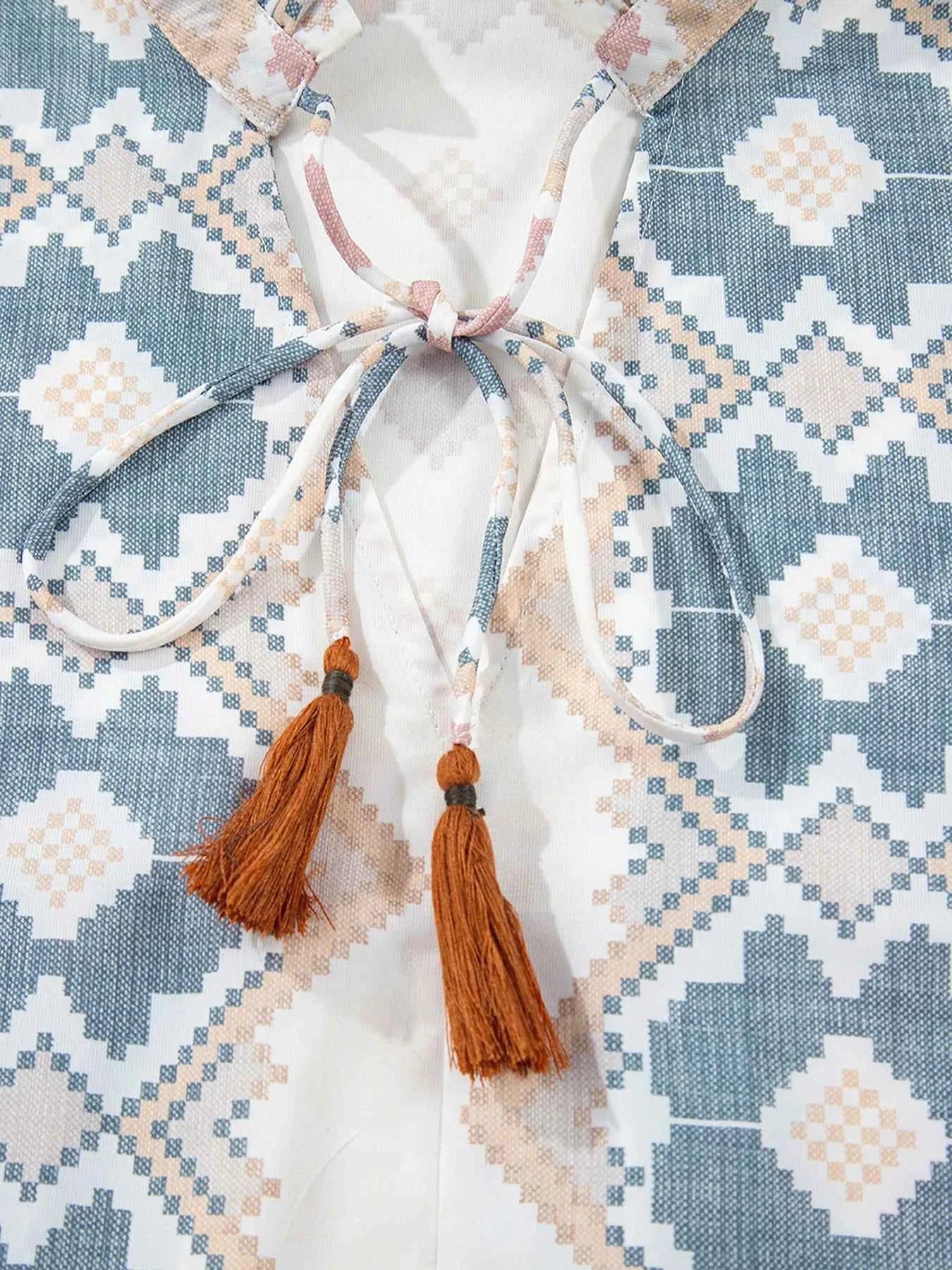 Bohemian Geometric Print Blouse with Tassel Tie b9707eb8-59a0-46df-9afd-46310fb716a9-Max-Origin