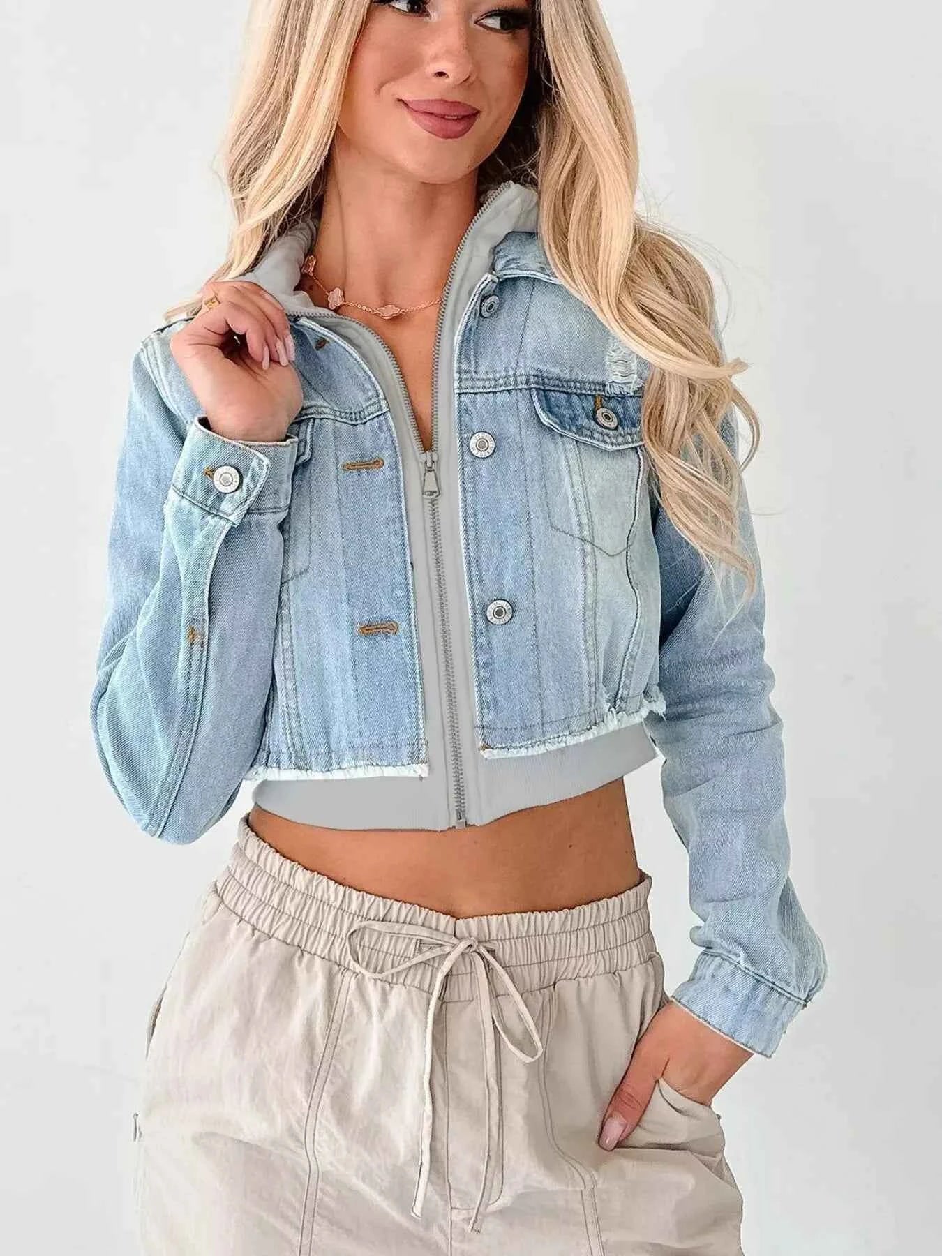 Distressed Zip Up Cropped Hooded Denim Jacket Light Blue Gray b974735be0334297bf875cfa16d534a7-Max-Origin