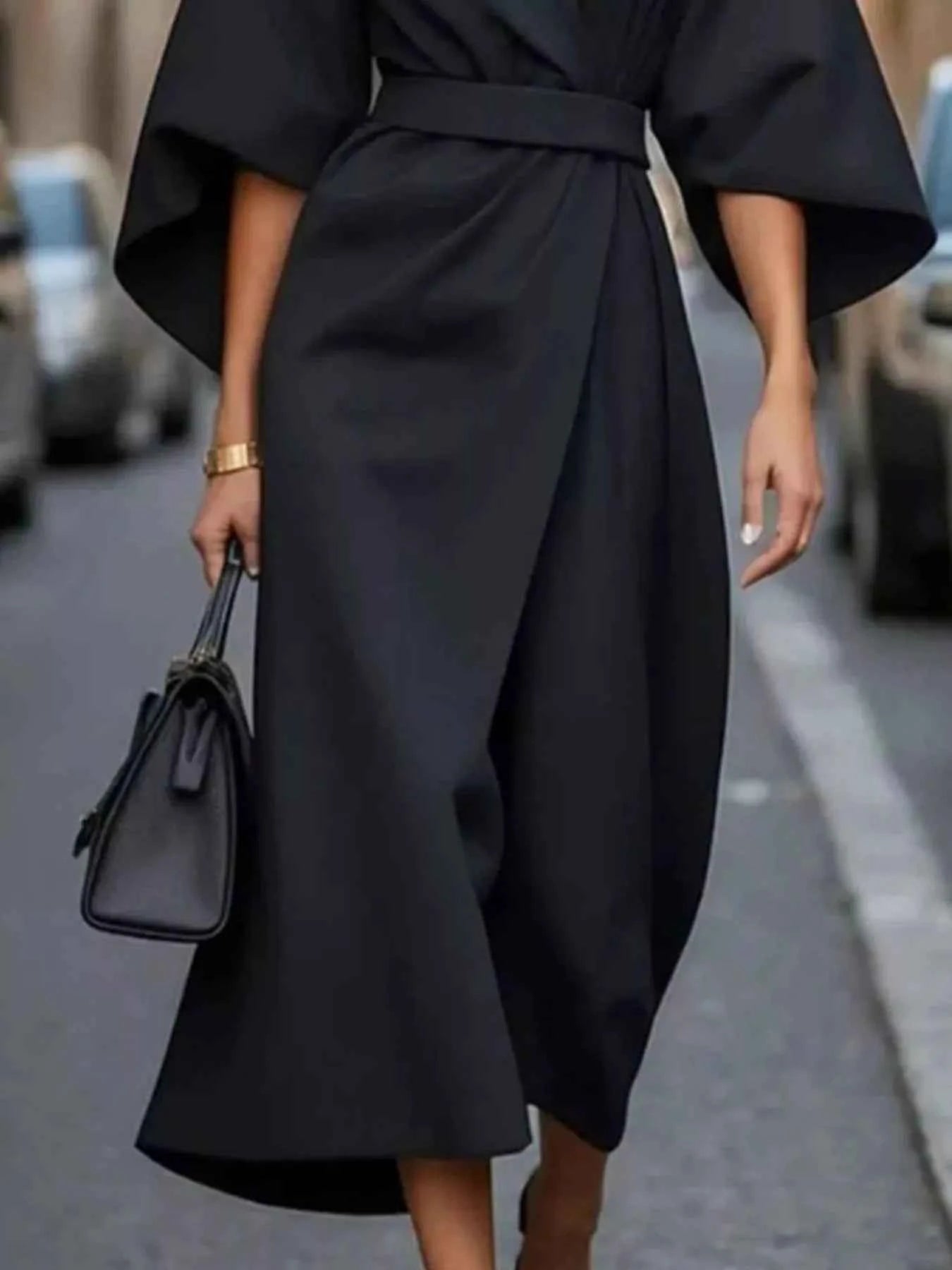 Round Neck 3/4 Sleeve Dress Black b9763e25-0c04-43d0-8f0e-be36b3bb9596-Max-Origin