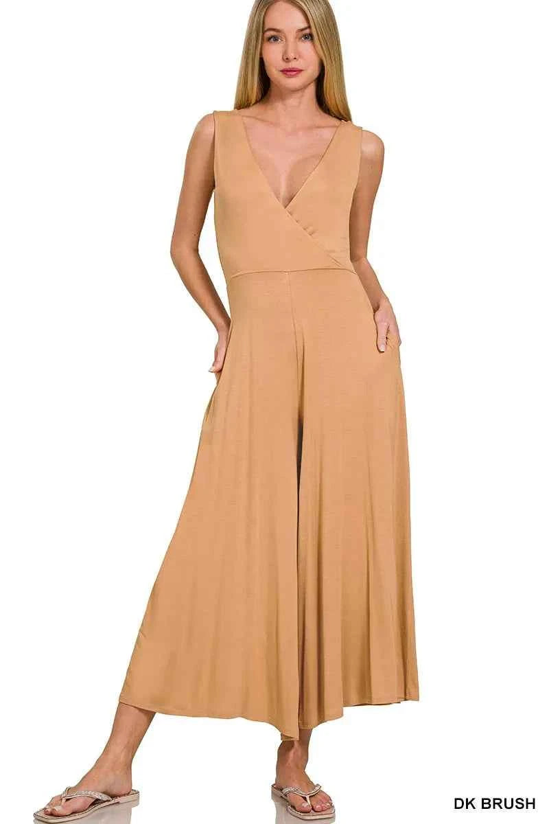 Zenana Surplice Neckline Sleeveless Jumpsuit DK BRUSH b976606377714243b438c0b617d27be1-Max-Origin