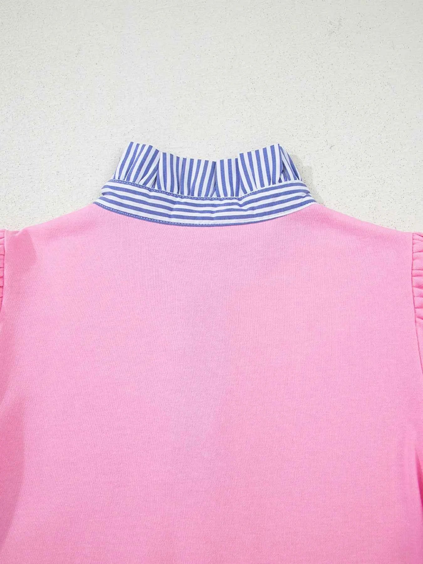 Striped Collar Patchwork Puff Sleeve Sweatshirt b97a1763b91141ccbfe852dd6fb7940c-Max-Origin