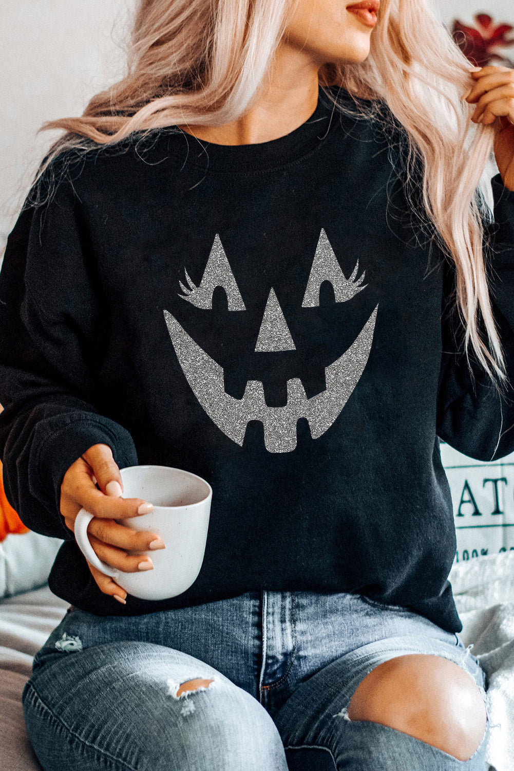 Black Spooky Halloween Transfer Vinyl Process Graphic Sweatshirt b97b926a73c748b6