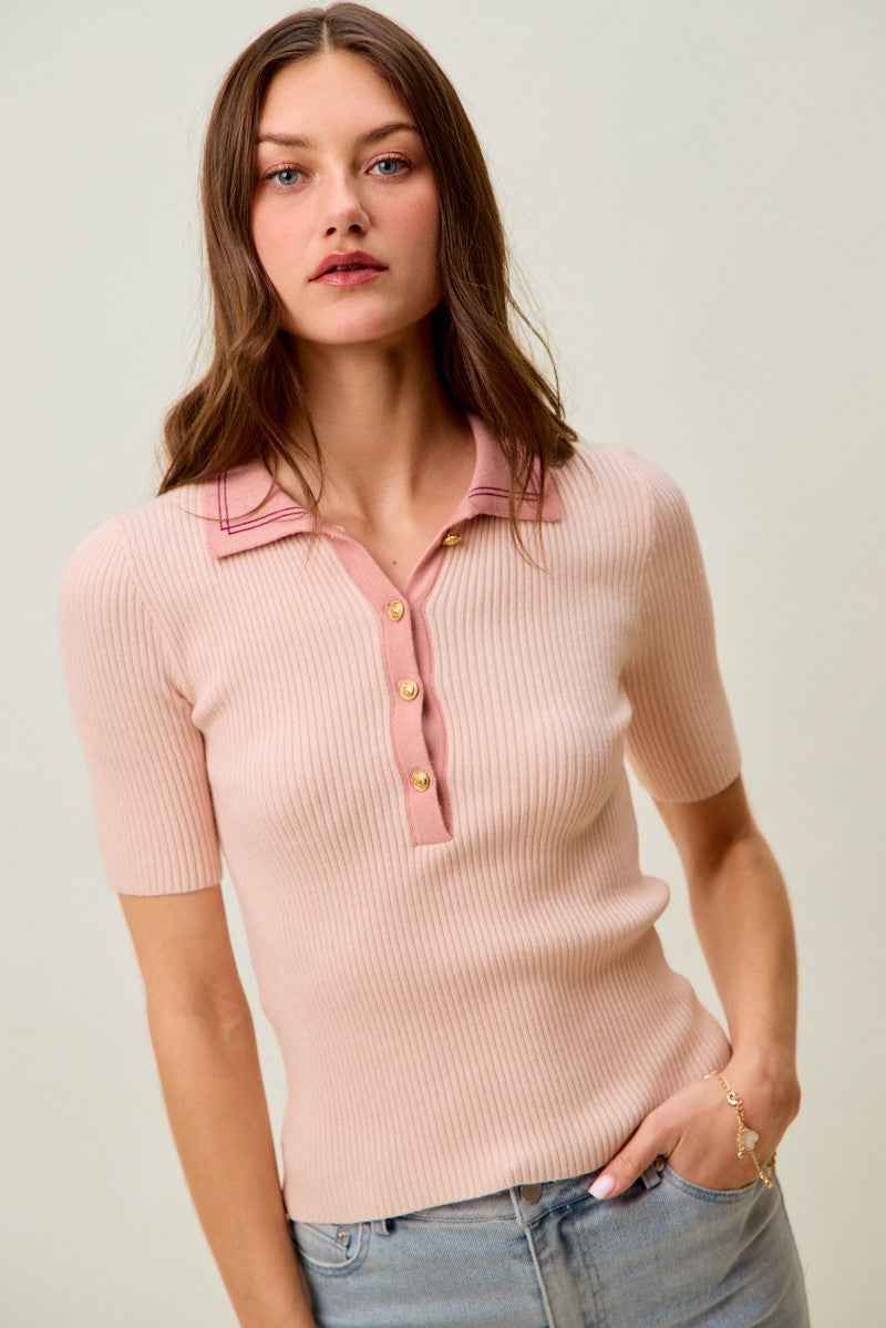 SO ME Contrast Collar Stretchy Rib Knit Short Sleeve Top b97c70fe076b478486f2b06d7d5a10fc-Max