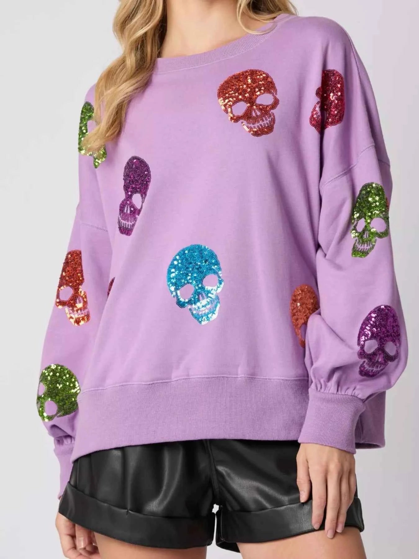 Halloween Colorful Skull Sequin Oversized Sweatshirt Purple b980eda0-d88e-4008-89ef-6ef3fef003be-Max-Origin