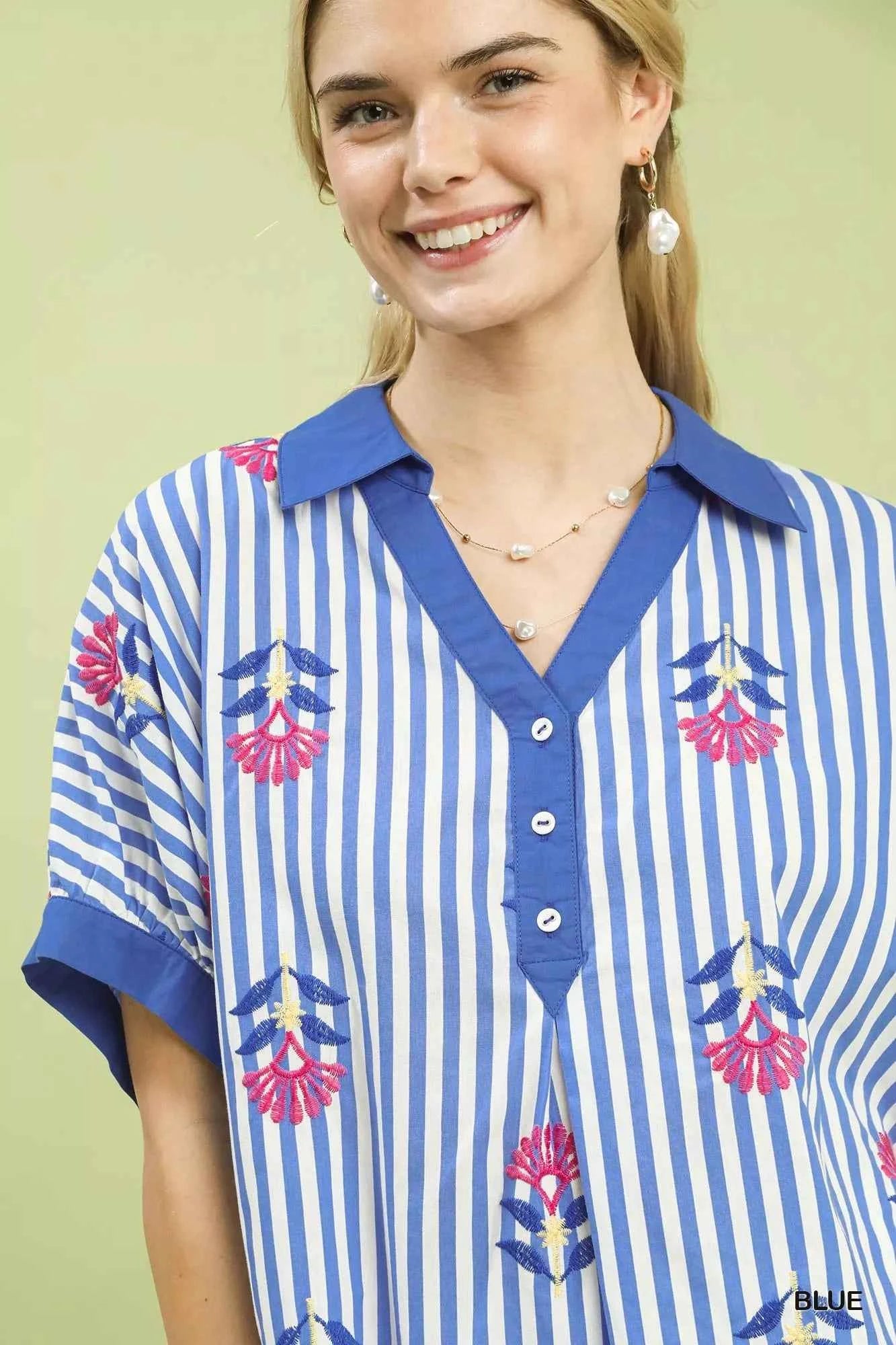 Umgee Stripe Embroidered Button-Front Boho Blouse b982045e-f82e-4e75-aa37-90fb3e2ab285-Max-Origin