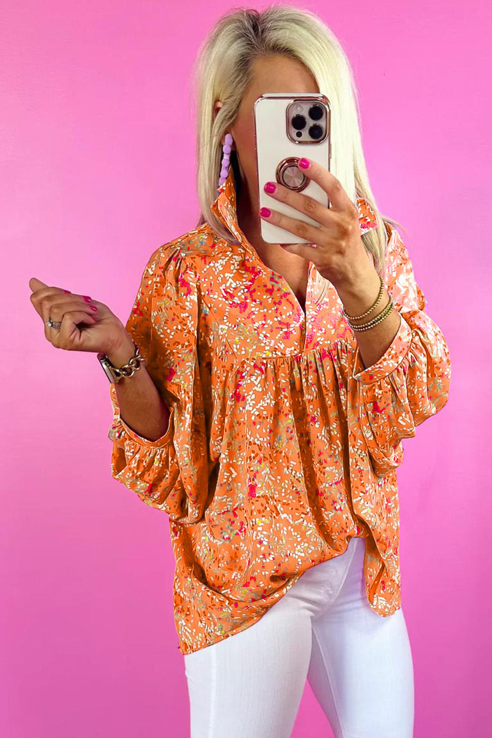 Bonbon Abstract Print Loose Fit Collared V Neck Babydoll Blouse b9831515cb0de56e