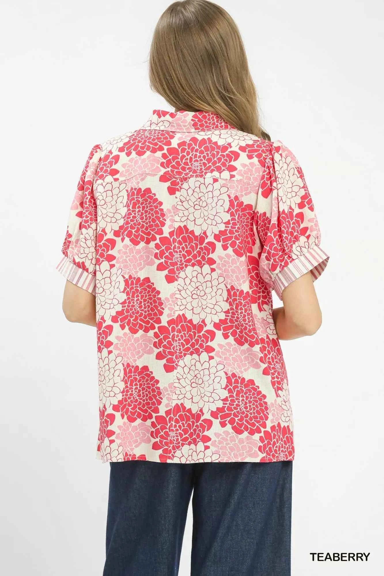 Umgee Floral Collared Short Sleeve Blouse b985990f-49b7-4bed-a502-38af46ef4f68-Max-Origin