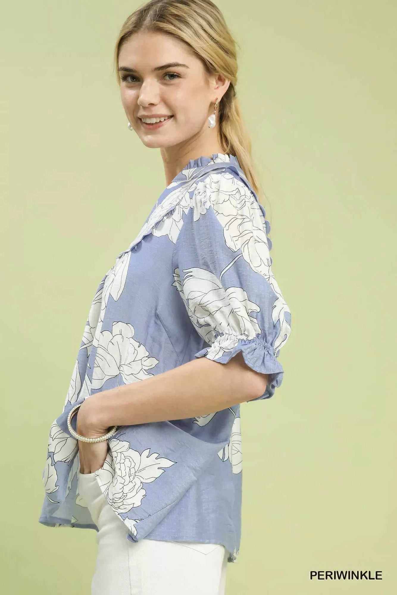 Umgee Peony Illustration Print Top with Scalloped Trim b9870027-8139-4719-8446-e7725c94efad-Max-Origin